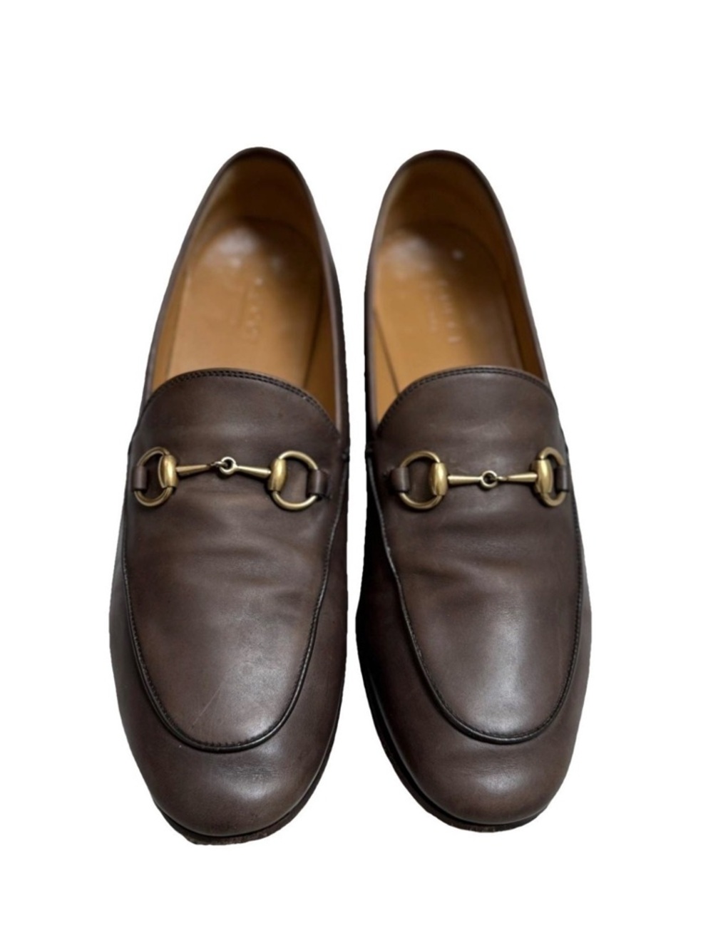 Gucci Jordaan Brown Leather Horsebit Loafers, Aged gold Hardware Size: IT 37